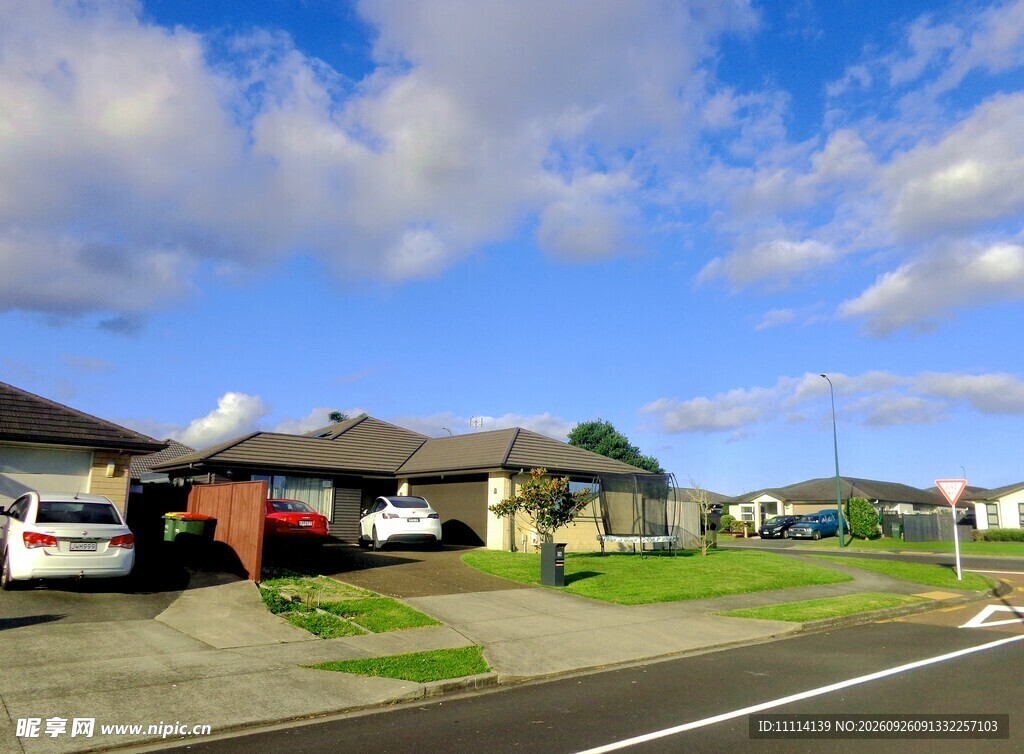 奥克兰城郊居民区晴朗街景