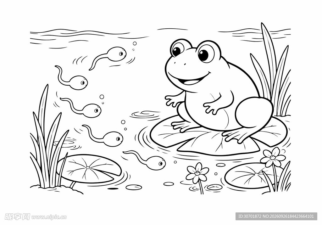 儿童池塘卡通青蛙蝌蚪上色简笔画