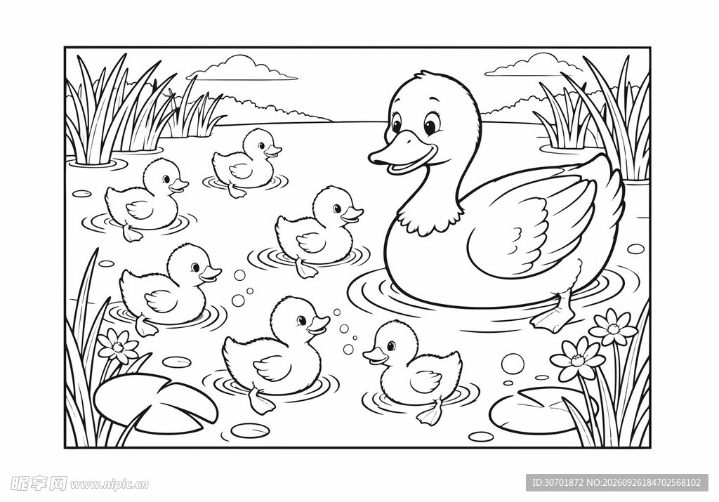 儿童池塘卡通鸭上色简笔画