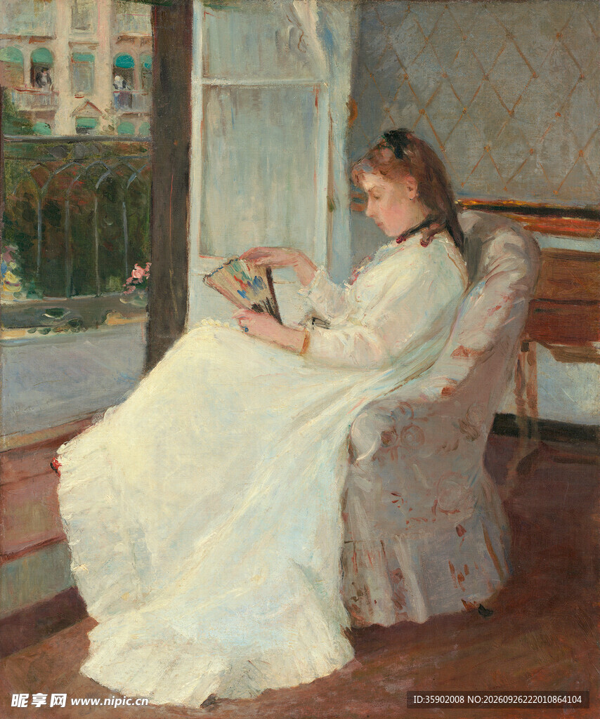 窗边白衣女子油画