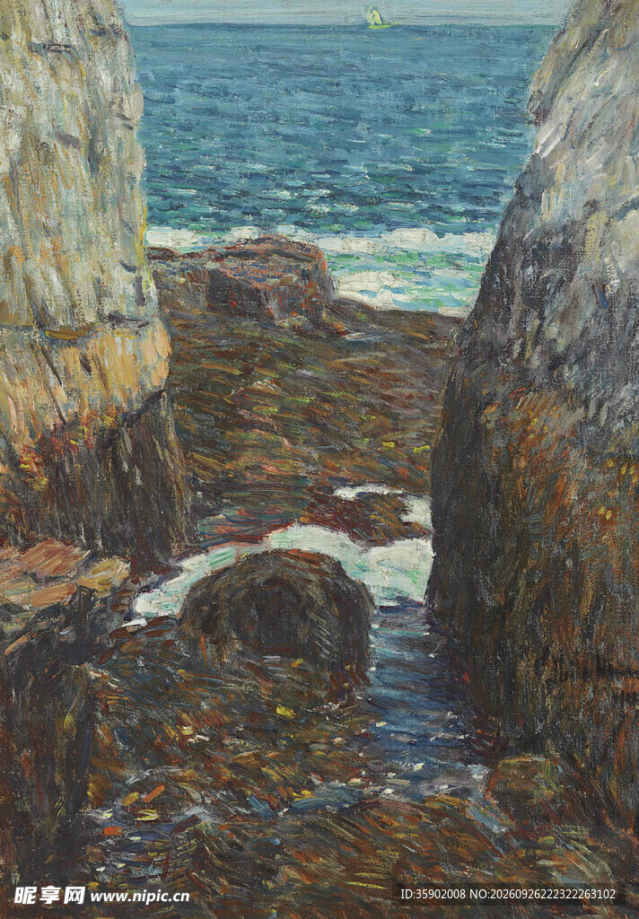 海岸礁石海景油画
