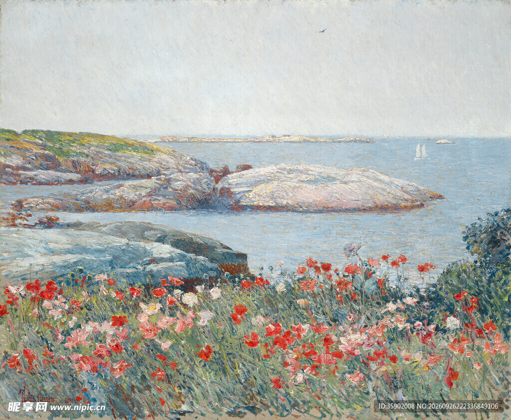 海岸花田风景油画
