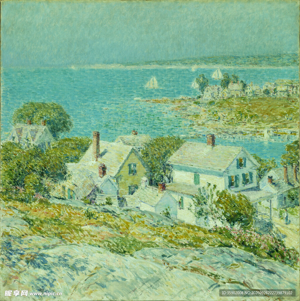 海边村居风景油画