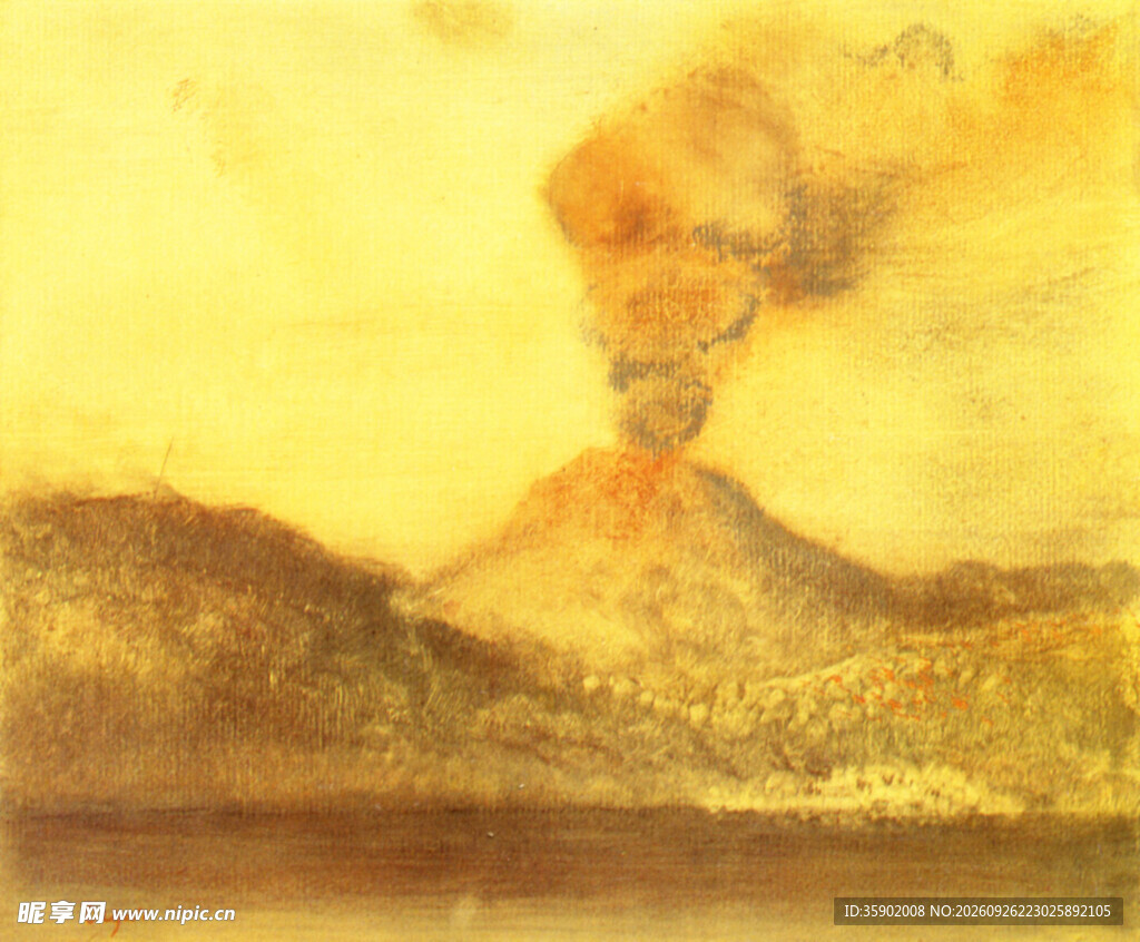 复古火山喷发风景绘画