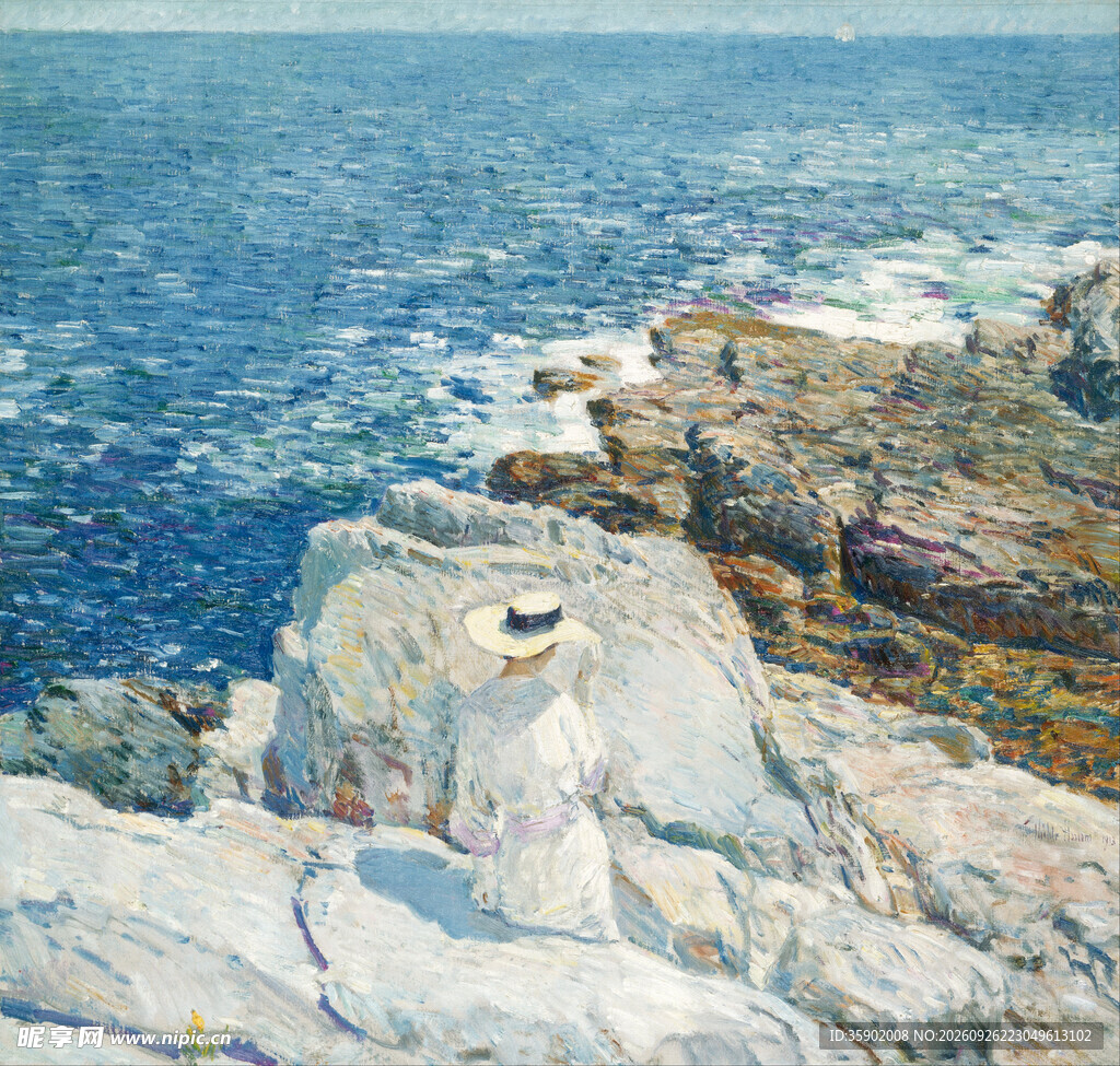 海边礁石海景油画