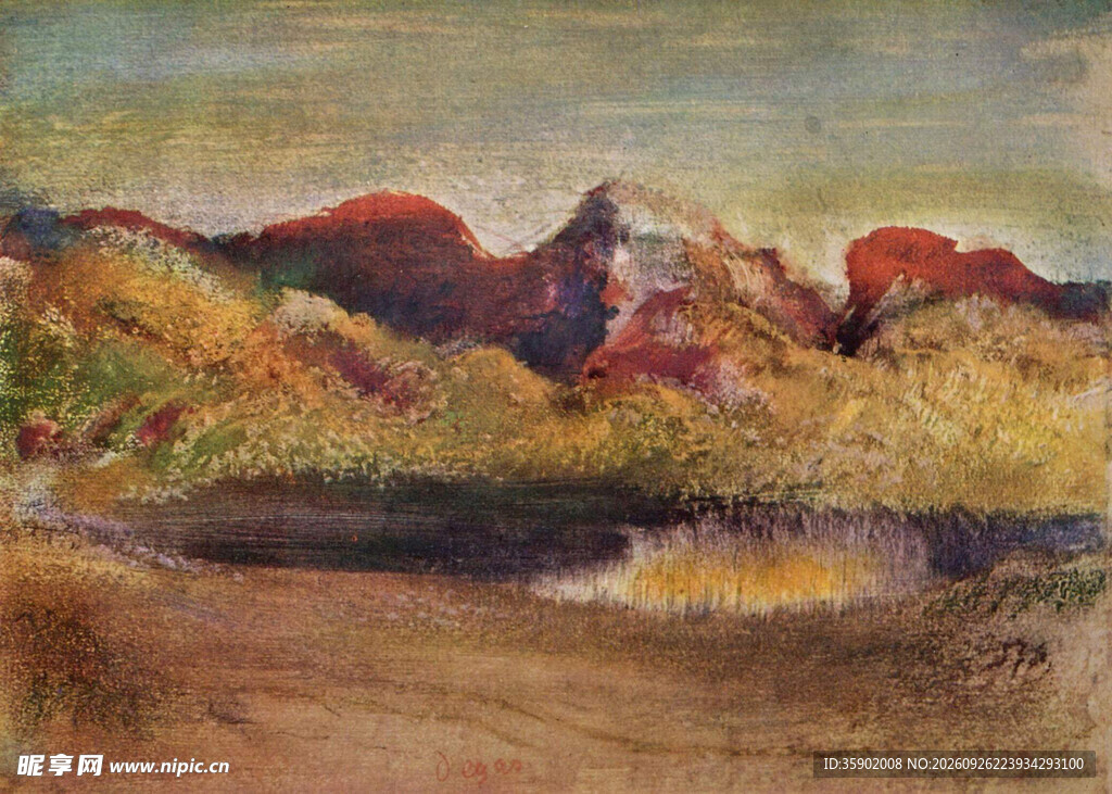 山野湖畔风景油画