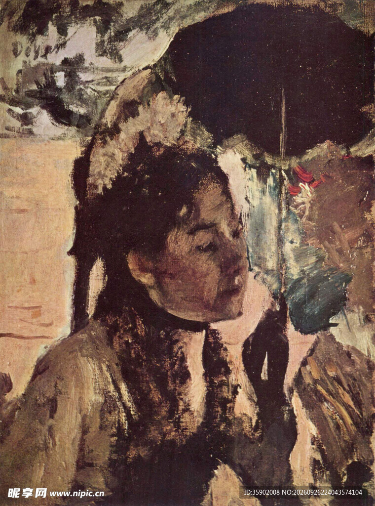 撑伞古典女子油画肖像