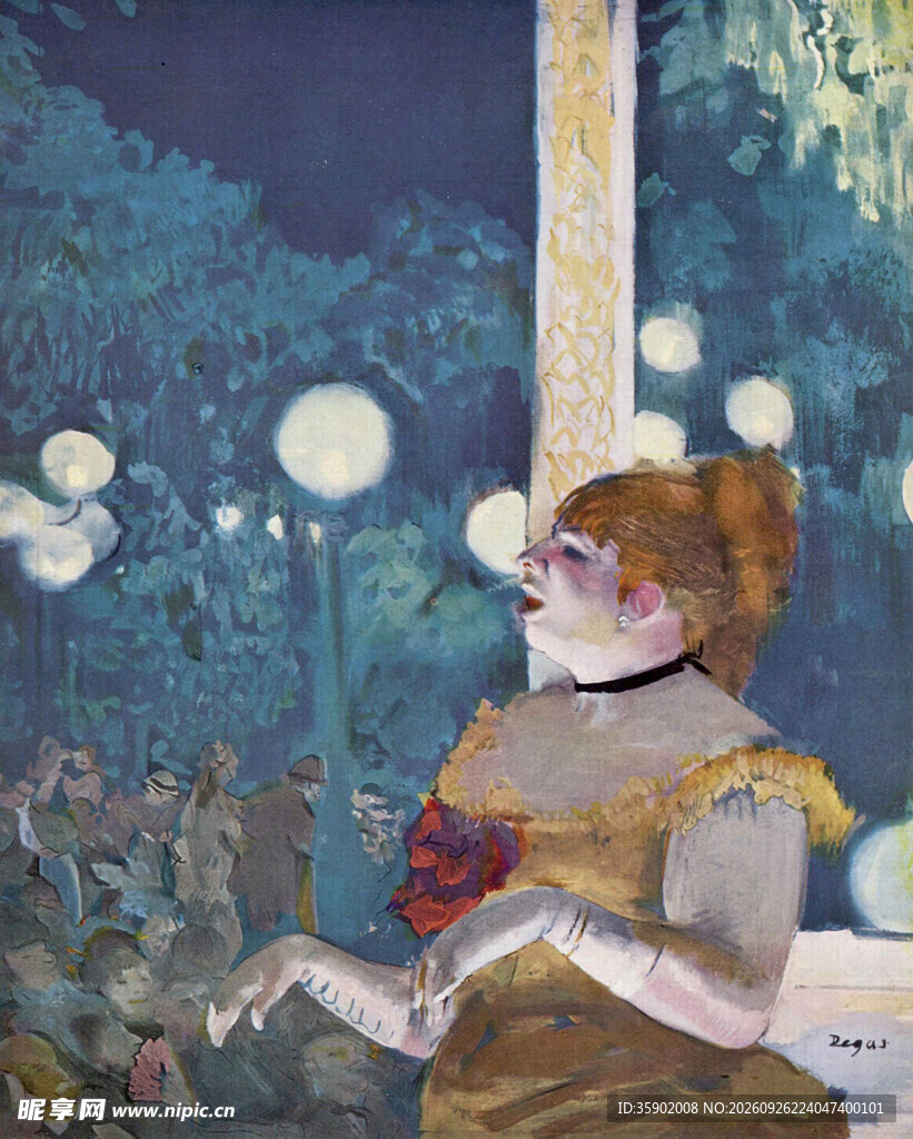 点彩派女子夜景油画
