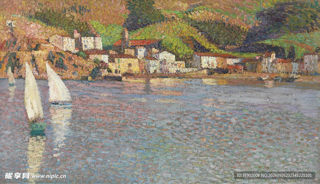 河畔帆船风景油画