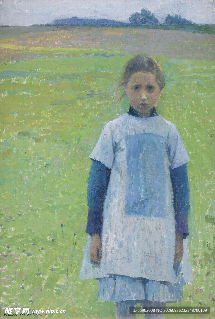 田野上的小女孩油画