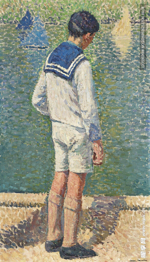 水边水手服男孩油画