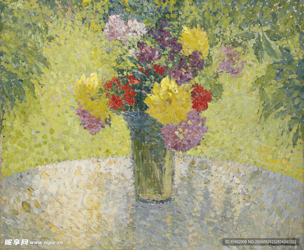 点彩风格瓶花静物油画