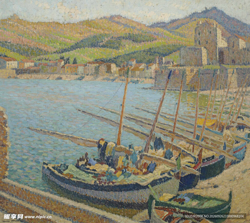 滨海渔港风景油画