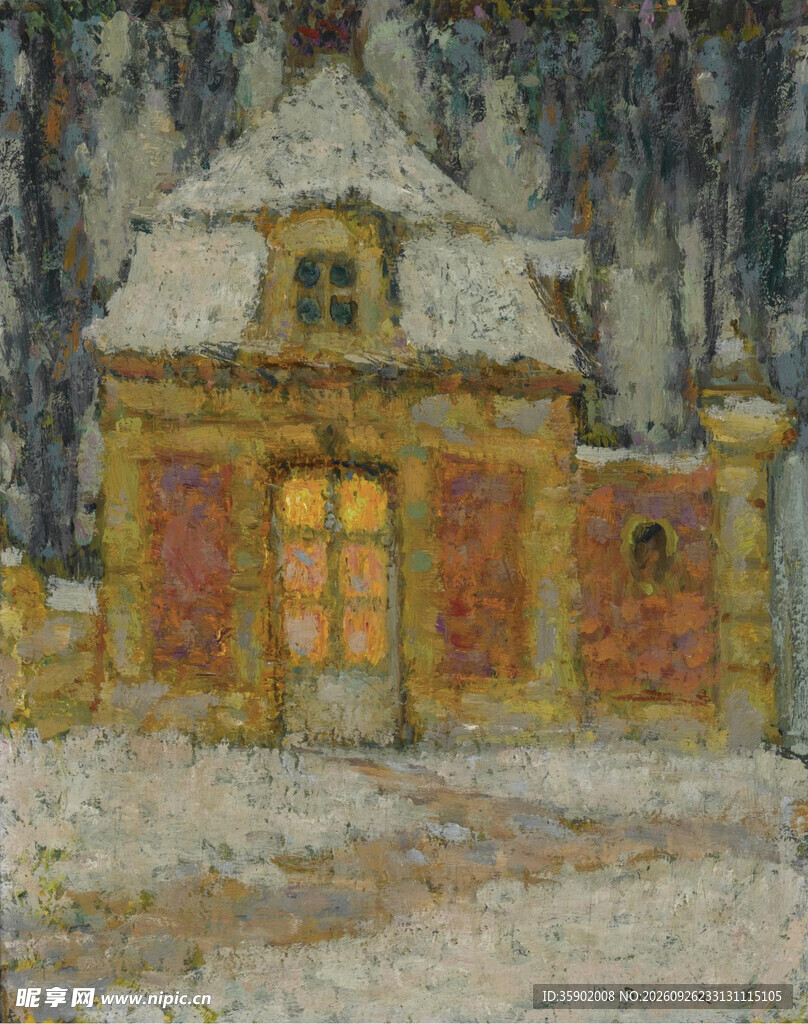 雪中小屋风景油画