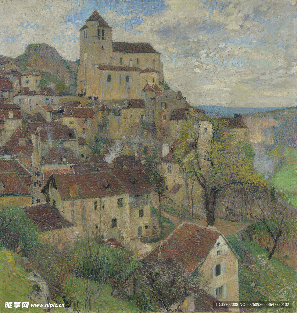 山城古村风景油画