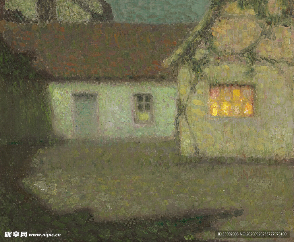 暮色乡村小屋风景油画