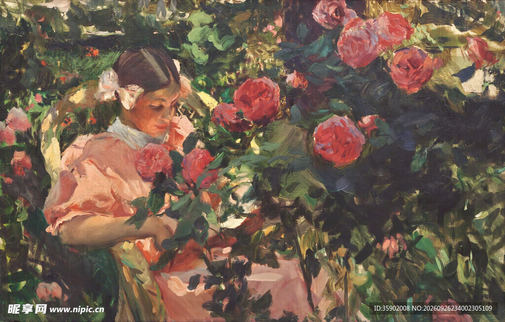 花丛中的女子油画