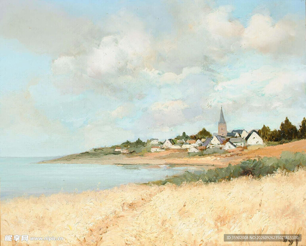 海岸小镇风景油画