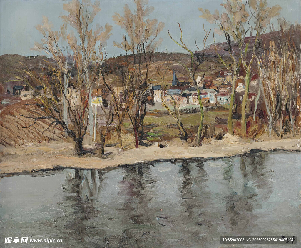河畔乡村风景油画