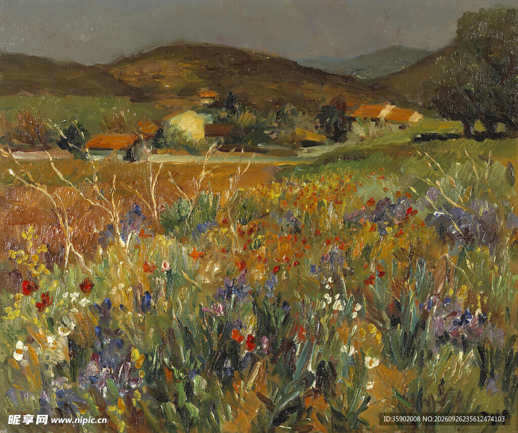 郊野花田村落风景油画