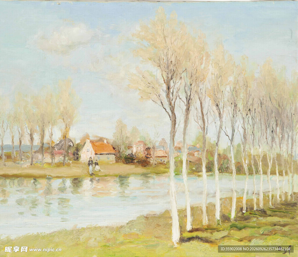 河畔白桦林风景油画
