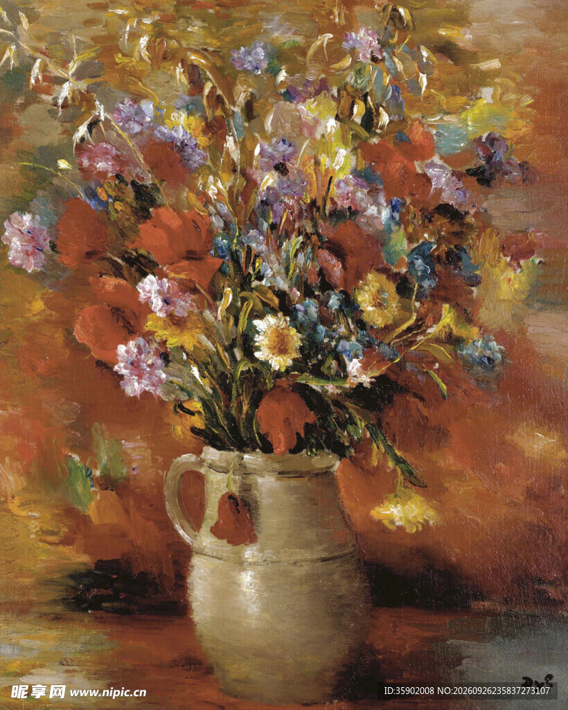 瓶中花卉静物油画