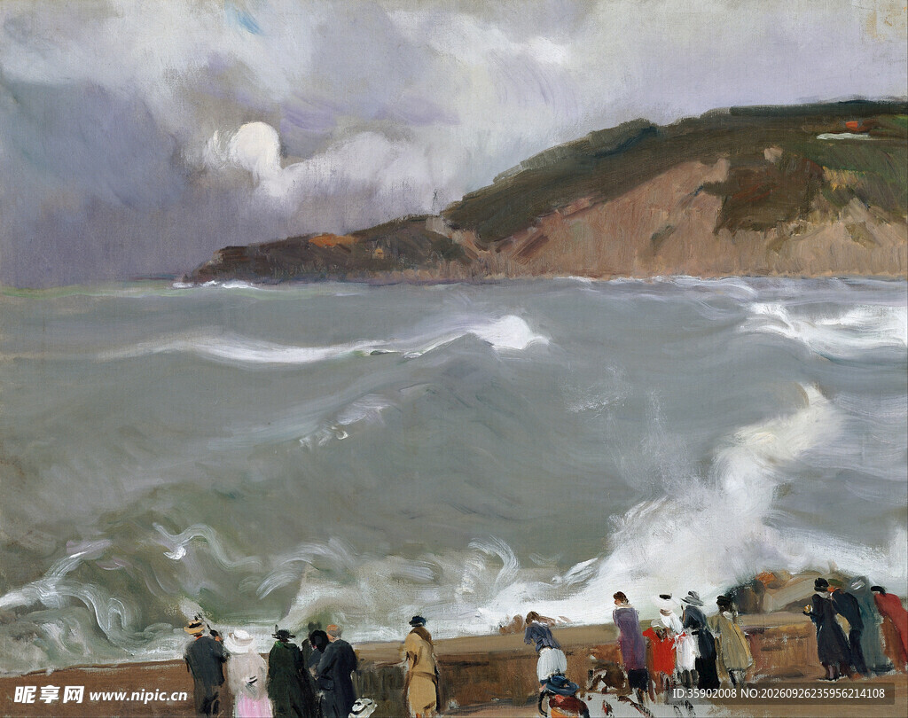海滨观潮风景油画