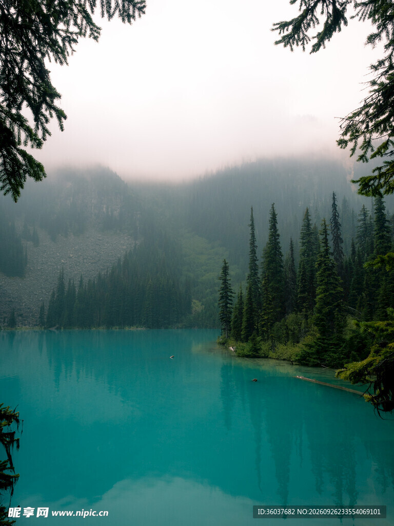 雾绕山林碧湖风光