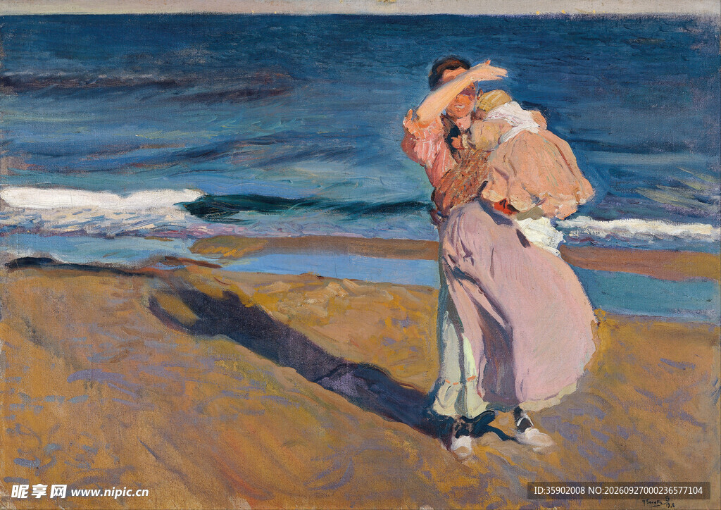 海边撑伞女子油画