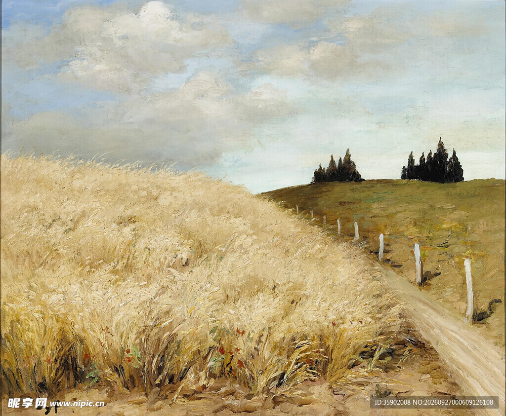 郊野麦田风景油画