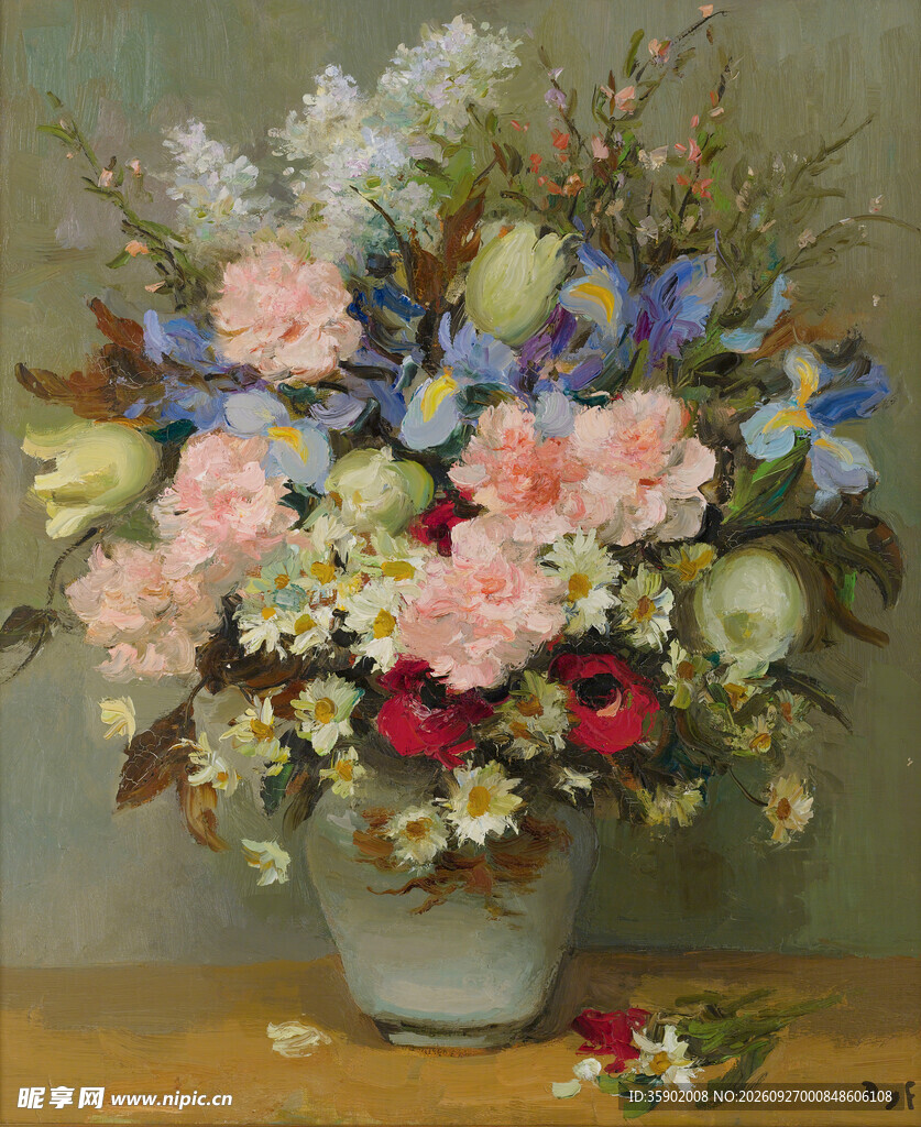 瓶中鲜花静物油画