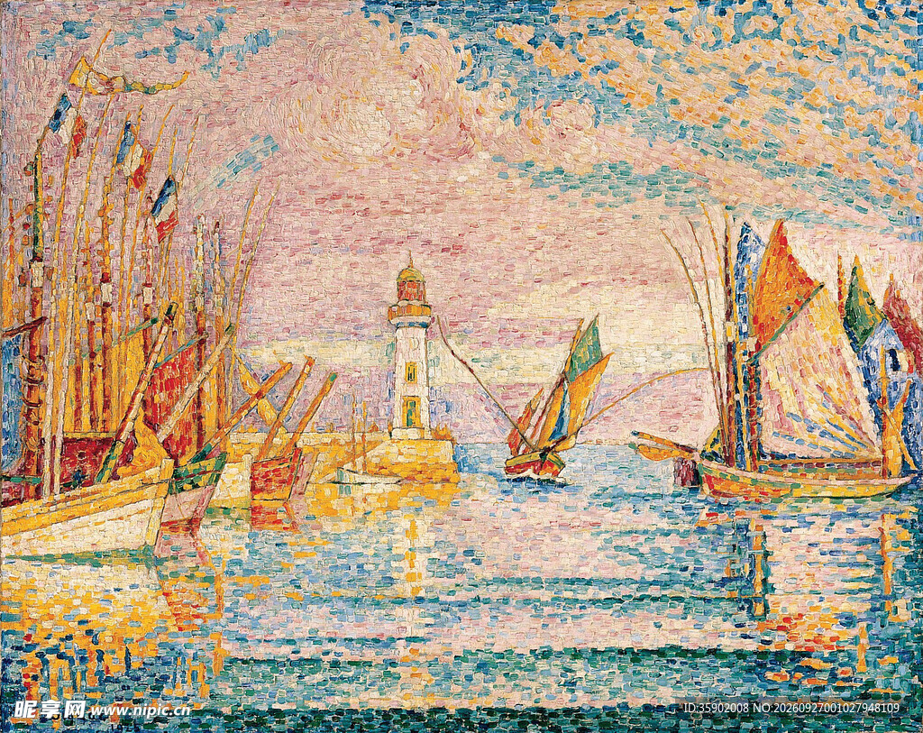 点彩派海港帆船油画