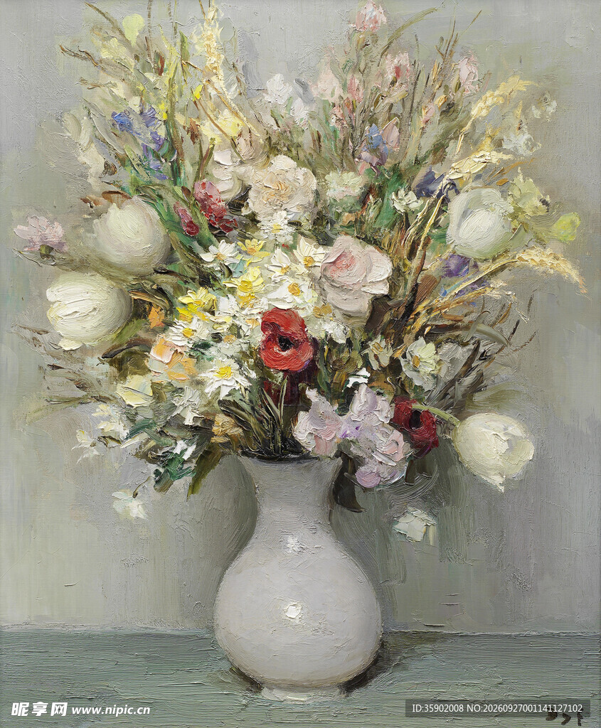白瓷瓶插花静物油画