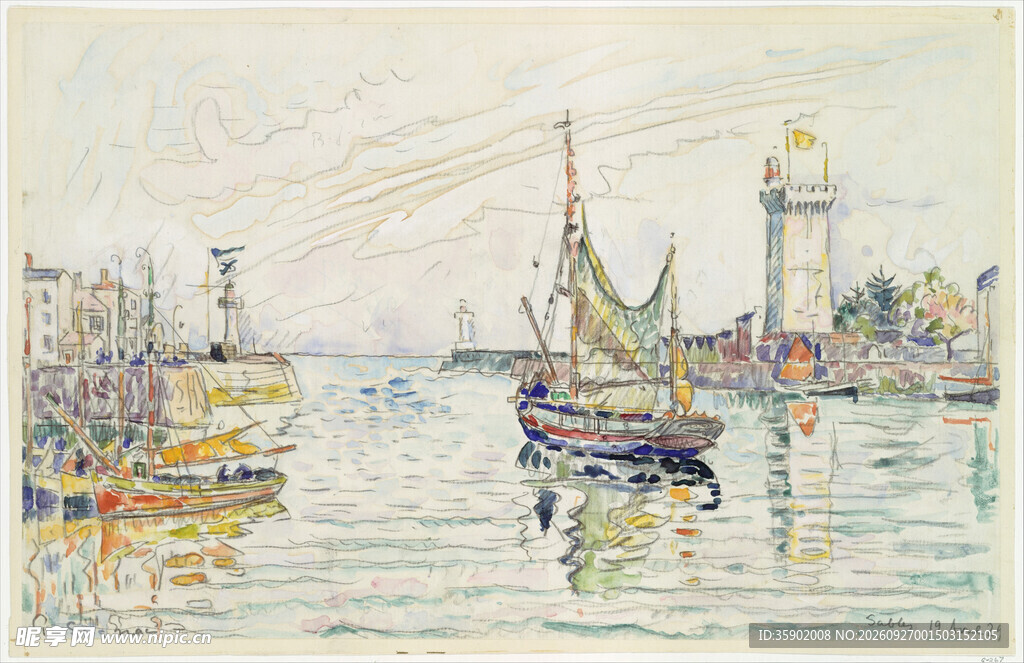 港口帆船点彩风景油画