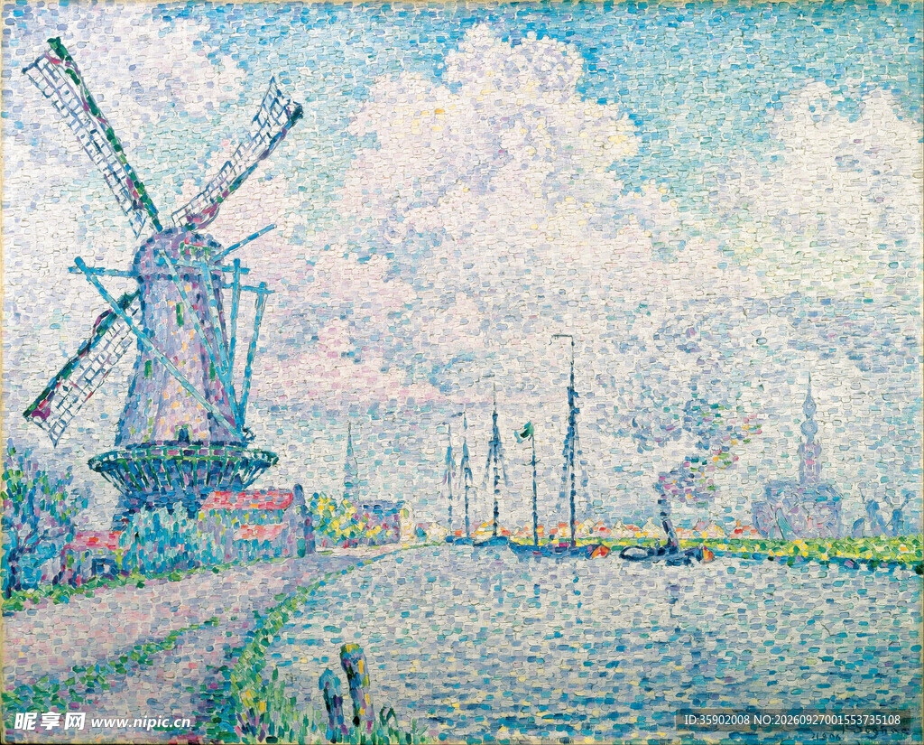 河畔风车点彩风景油画