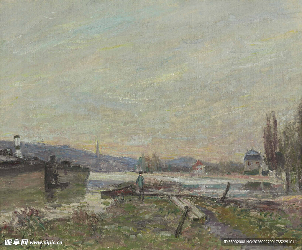 河畔风景印象油画