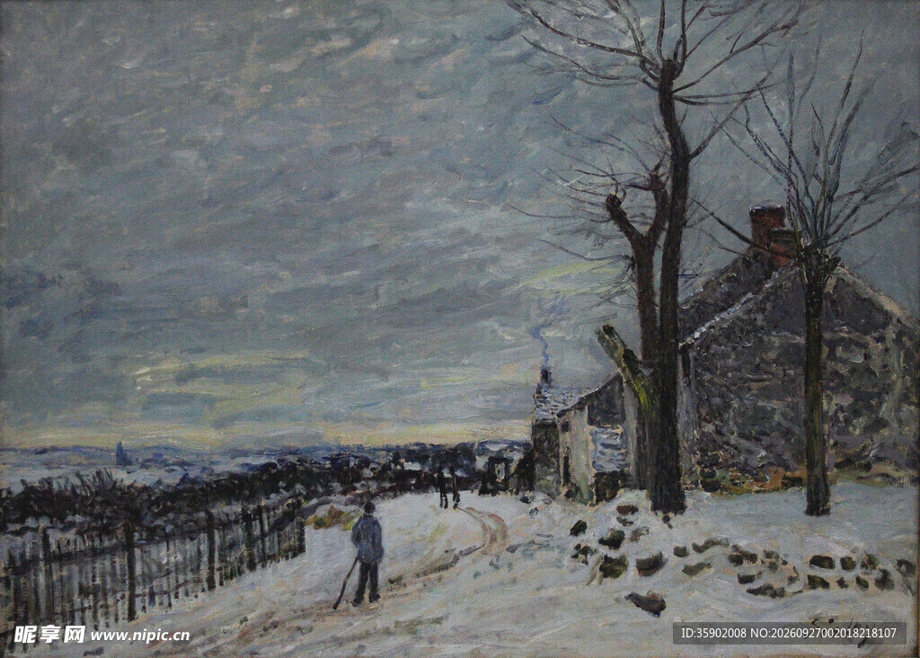 冬日雪后乡村街景油画