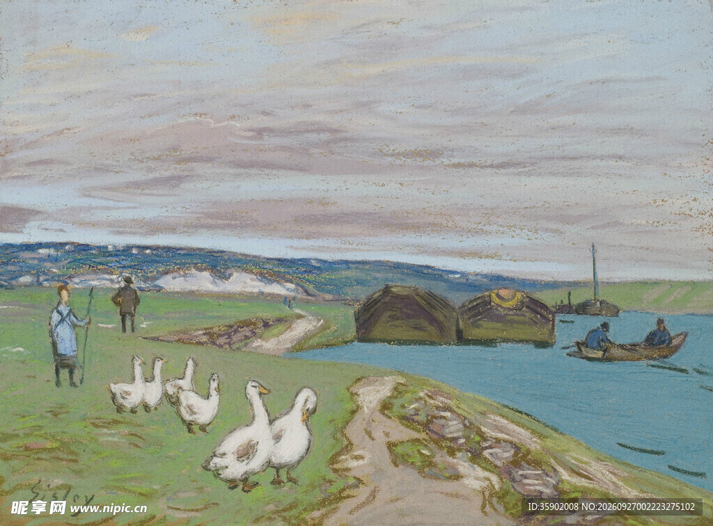 河畔牧鹅田园风景油画
