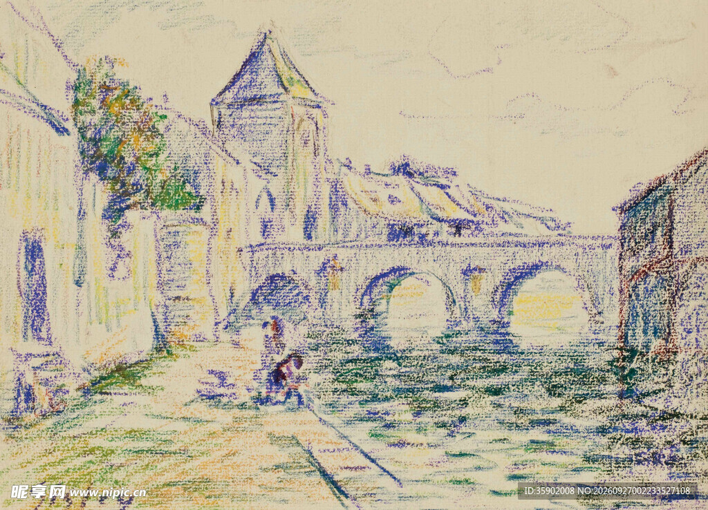欧式老城点彩风景油画