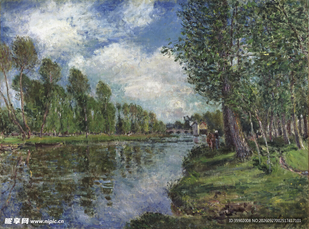 河畔林间风景油画