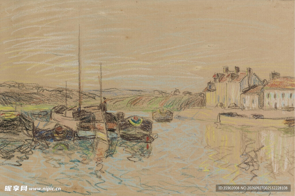 复古海港风景水彩画