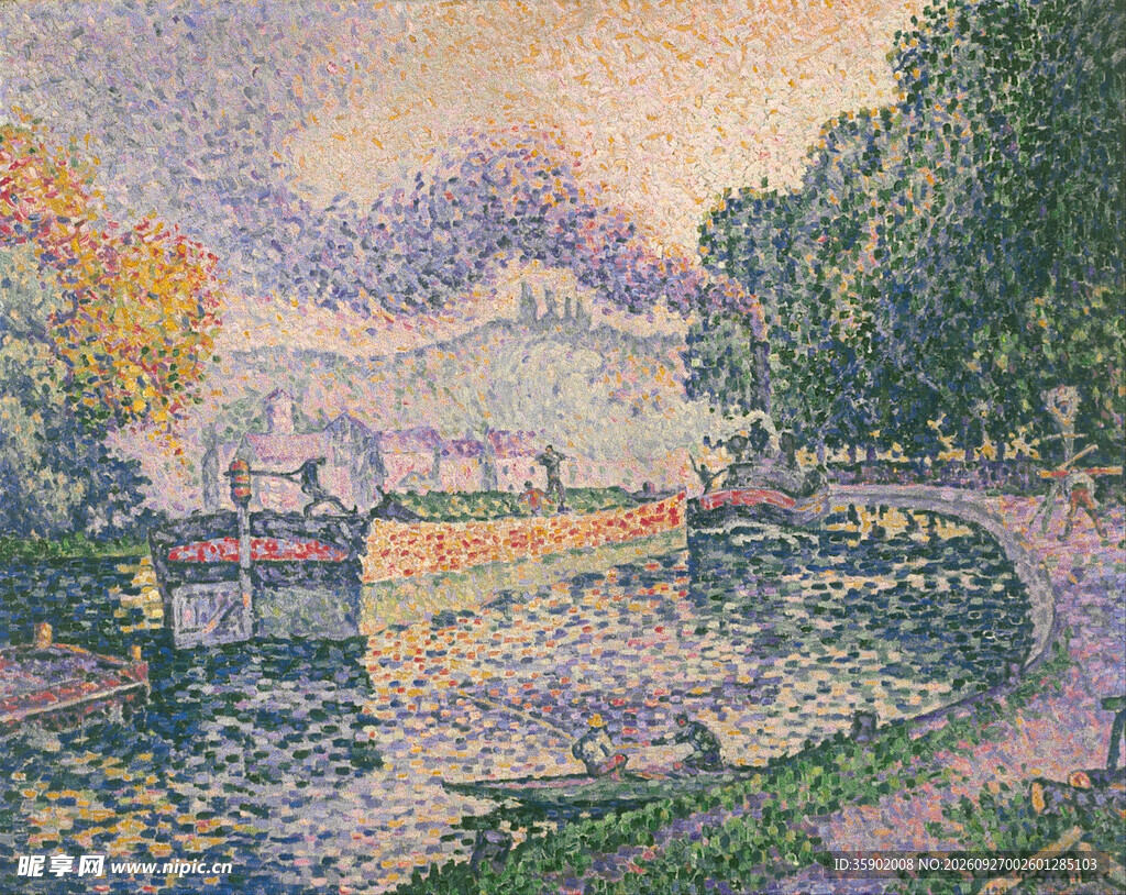 点彩河畔风景油画