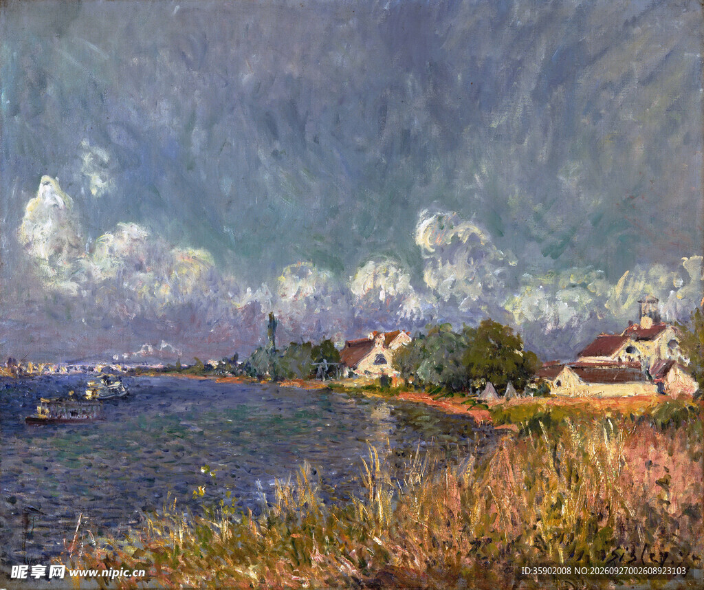 河畔乡村风景油画