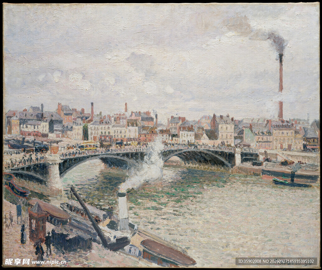 河畔城市风景油画