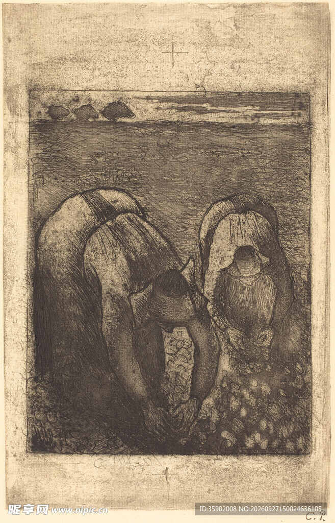 复古版画田间劳作场景