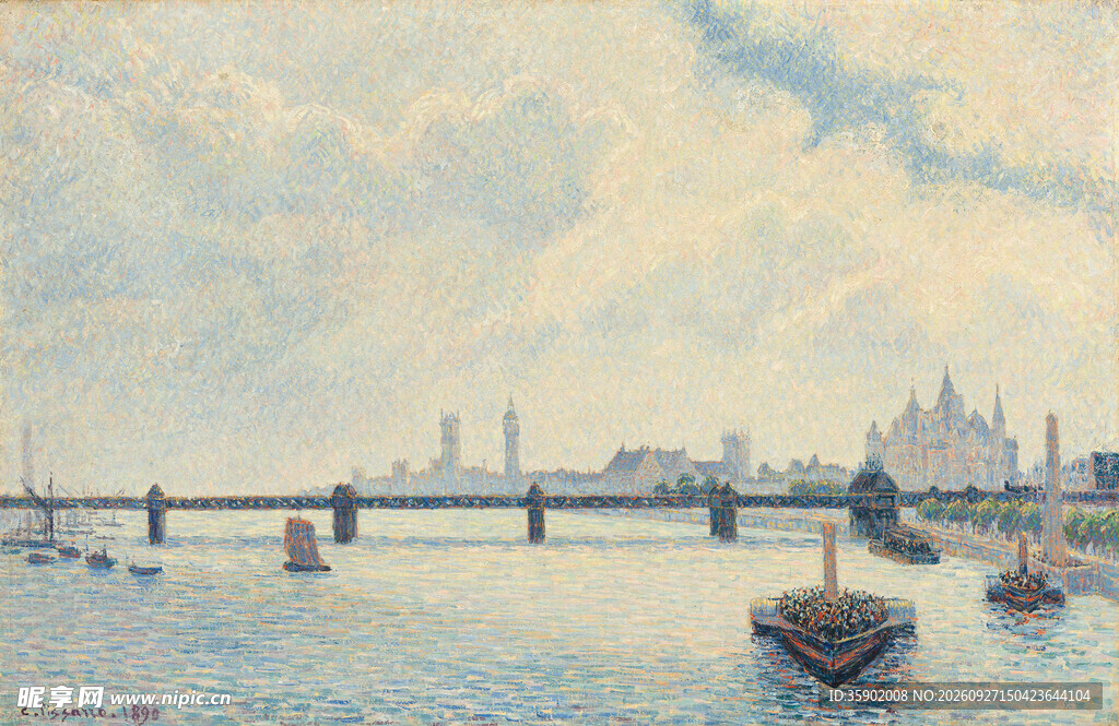 雾中河畔风景油画