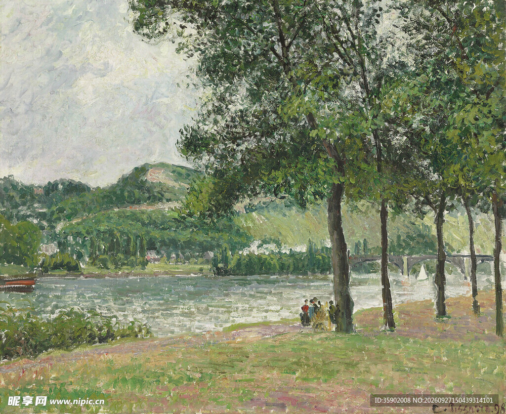 河畔郊野风景油画