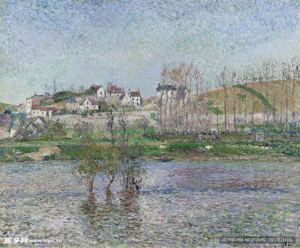 河畔乡村风景油画
