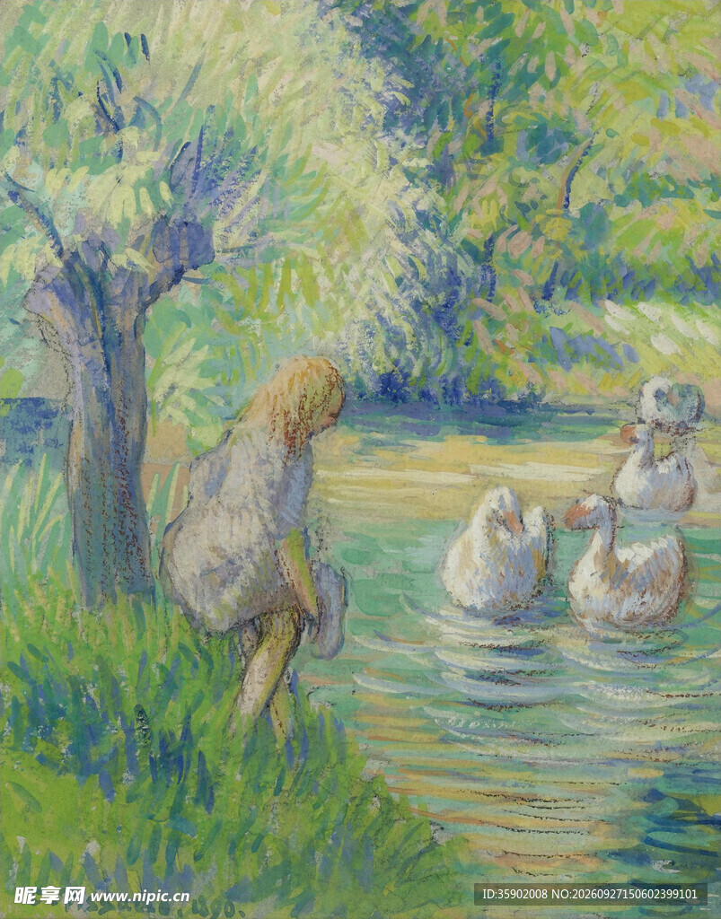 河畔戏水人物点彩油画
