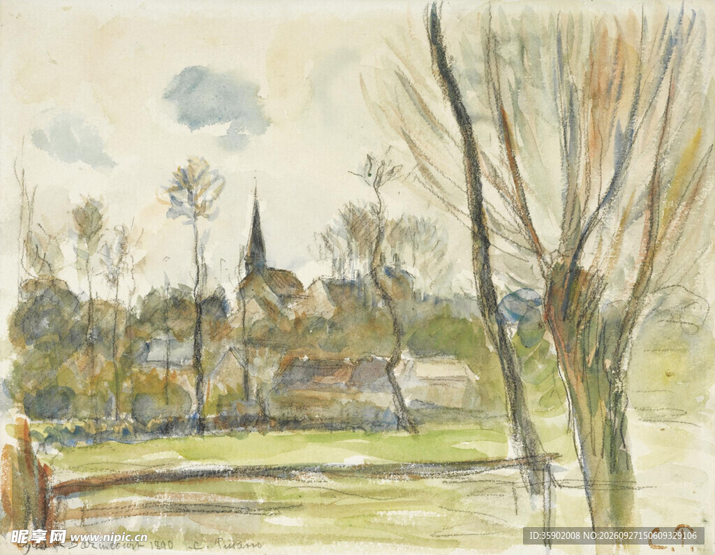 郊野乡村风景水彩画